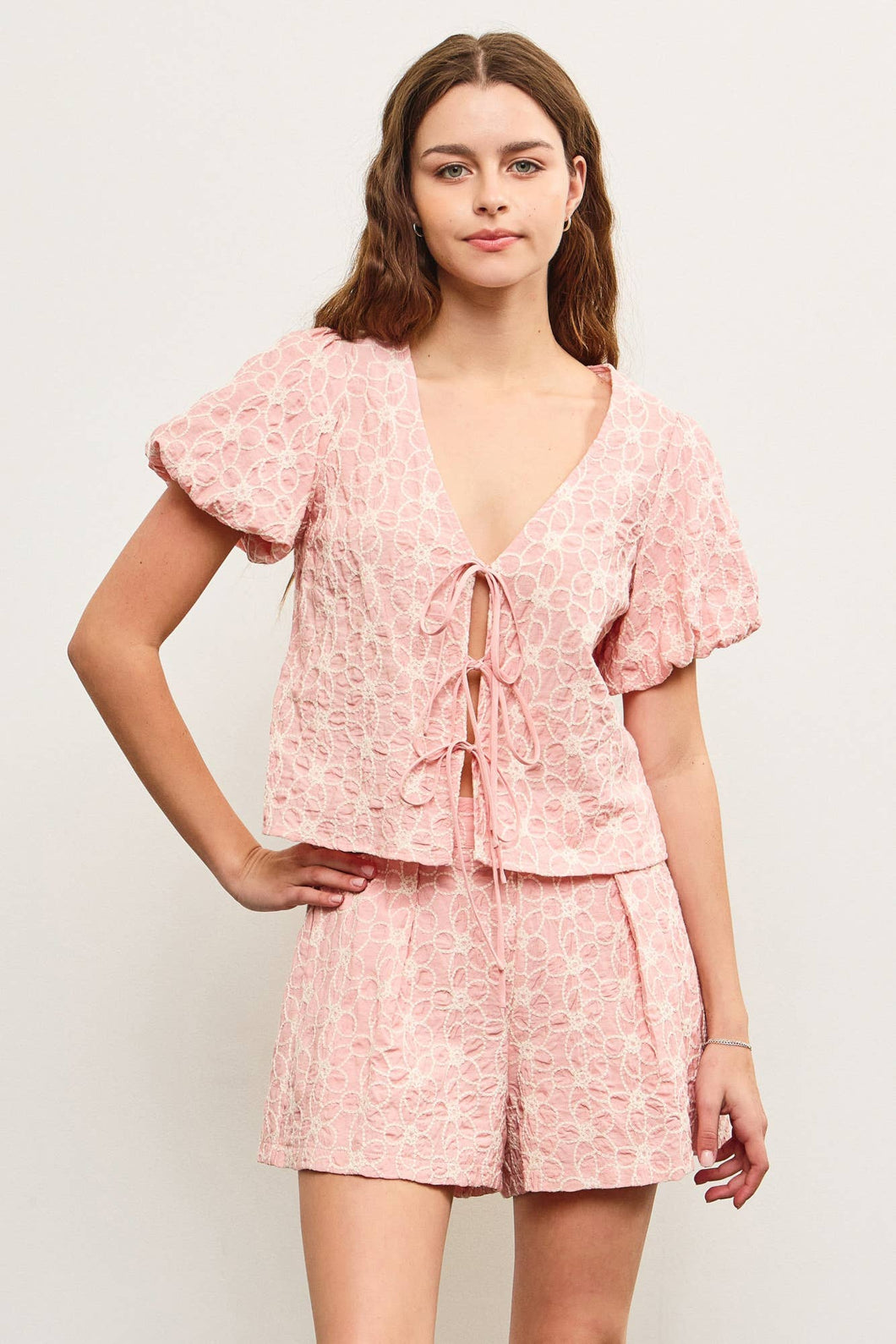 Powder Pink Embroidered Tie Front Top