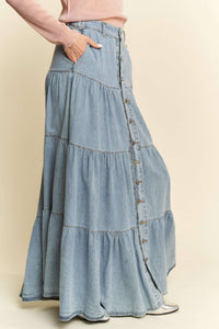Boho Light Denim Tiered Maxi Skirt