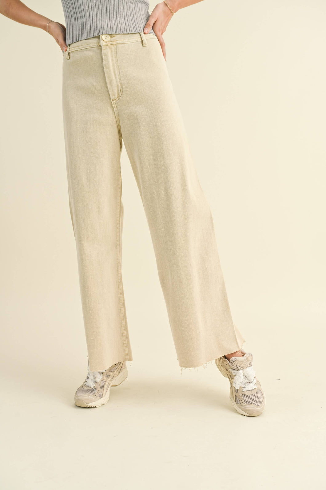 Cream Denim Wide Leg Pants