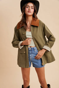 Taupe Corduroy Brown Collar Barn Jacket