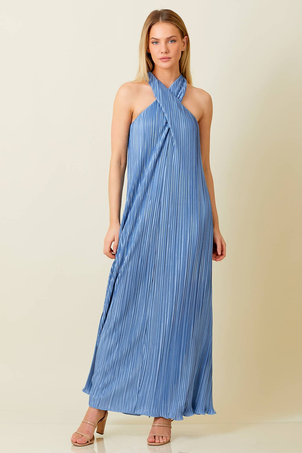 Cross Front Blue Plisse Maxi Dress