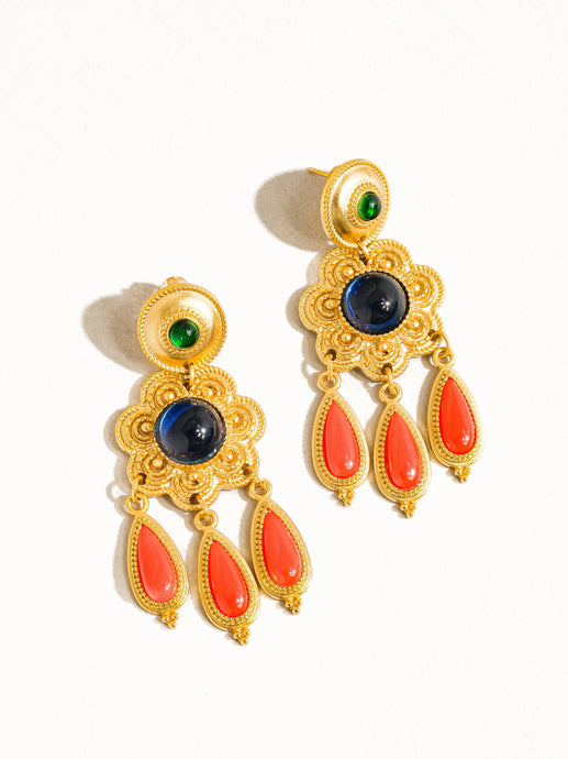Aperol 18K Gold Vintage Triple-Layered Flower Dangle Earring: Multi-Colored