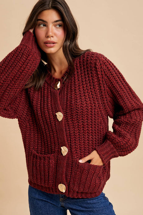 Cherry Merlot Chunky Cable Knit Cardigan