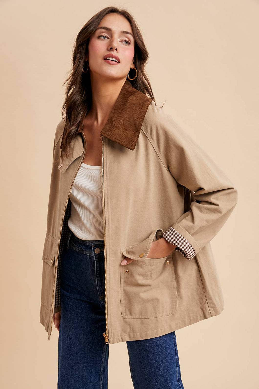 Taupe Corduroy Brown Collar Barn Jacket