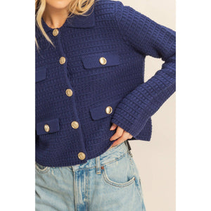 Navy Textured Knit Sweater Jacket