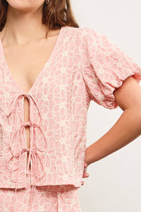 Powder Pink Embroidered Tie Front Top