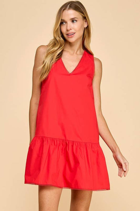 Red Dropped Waist Poplin Dress
