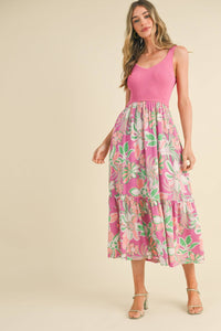 Sunny Floral Mixed Media Midi Dress