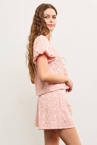 Powder Pink Embroidered Tie Front Top