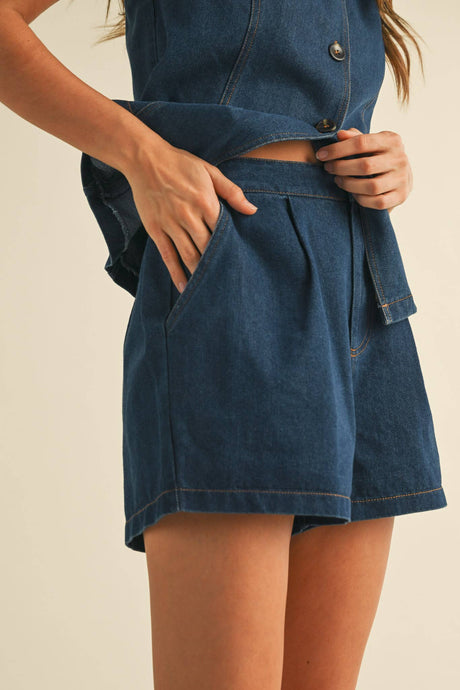 Indigo Denim Pleat Shorts