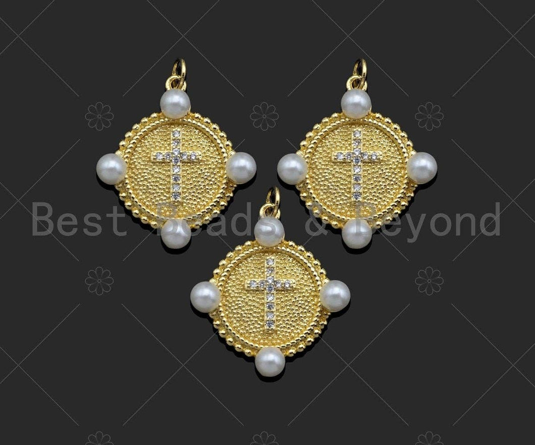 Cross Medallion Pendant 18K Gold Filled Mother of Pearl Charm