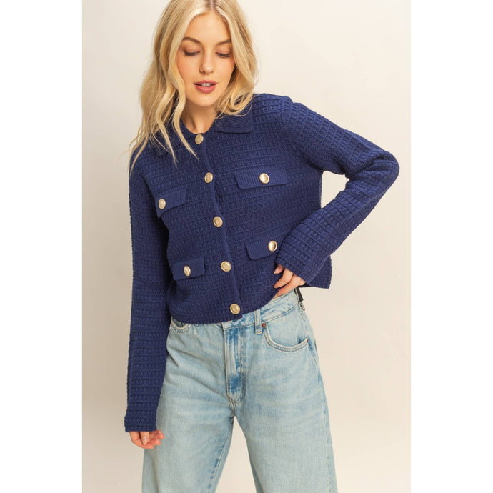Navy Textured Knit Sweater Jacket