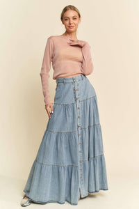 Boho Light Denim Tiered Maxi Skirt