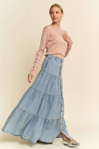 Boho Light Denim Tiered Maxi Skirt