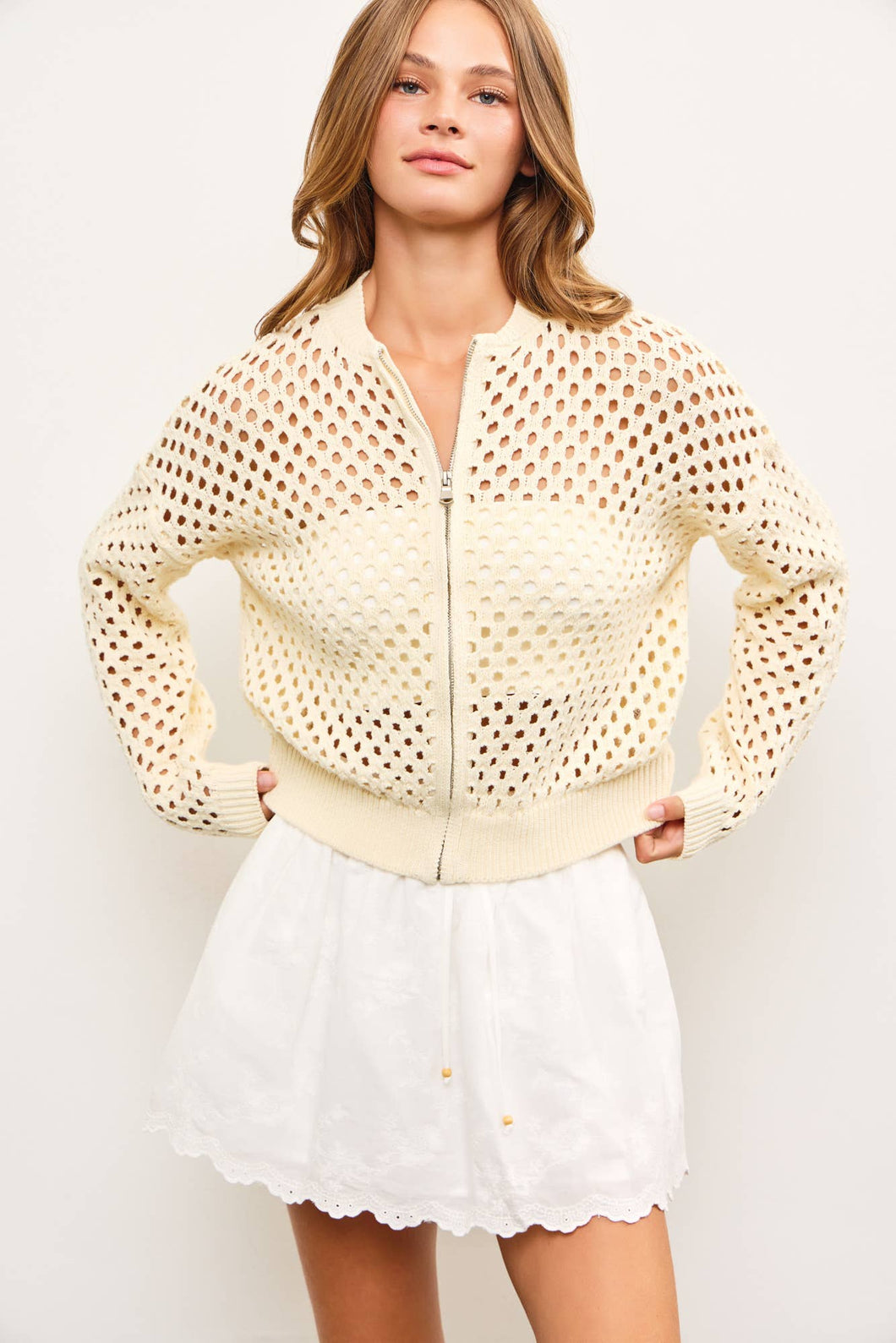 Cream Crochet Zip Up Cardigan