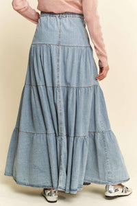 Boho Light Denim Tiered Maxi Skirt