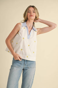 Lemon Embroidered Collar Top