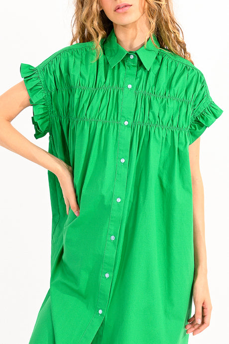 Poplin Smocked Shirt Dress Green
