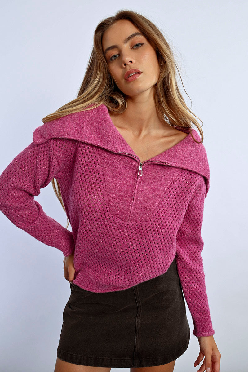 Shimmer Berry Zip Sweater