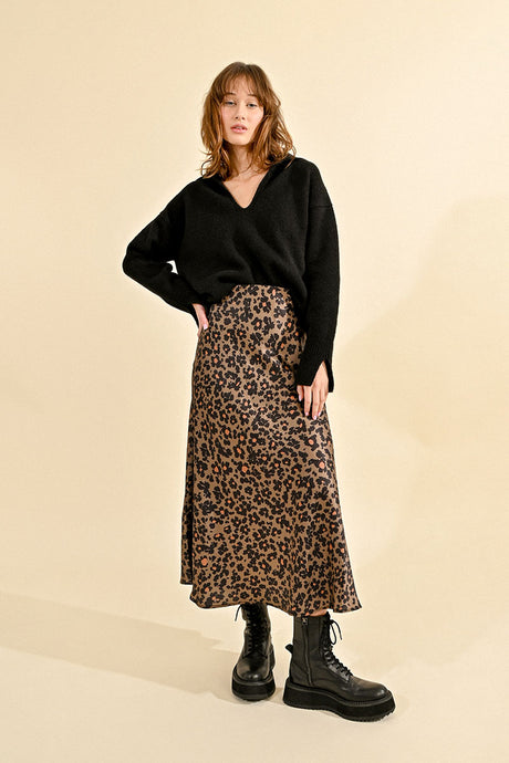 Erin Fall Floral Leopard Satin Midi Skirt