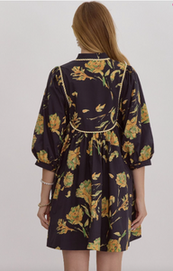 Golden Floral Black Dress