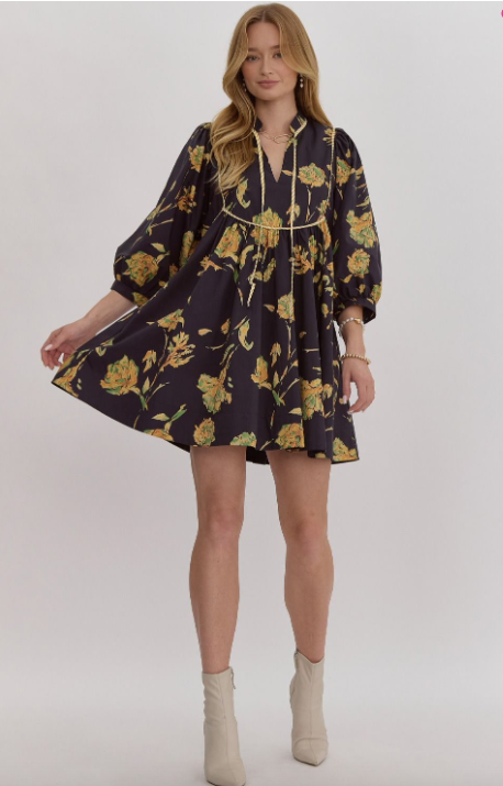 Golden Floral Black Dress