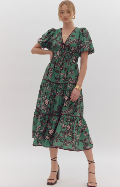 Forest Floral Green Midi Dress