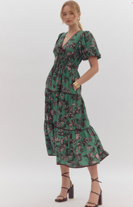 Forest Floral Green Midi Dress