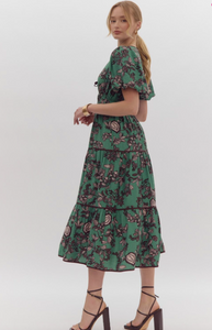 Forest Floral Green Midi Dress