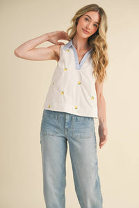 Lemon Embroidered Collar Top