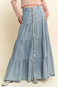 Boho Light Denim Tiered Maxi Skirt