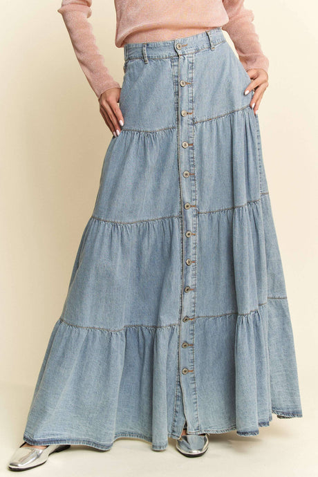 Boho Light Denim Tiered Maxi Skirt