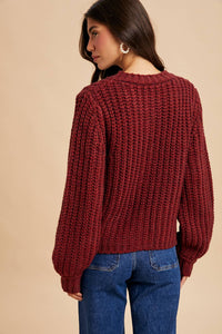 Cherry Merlot Chunky Cable Knit Cardigan