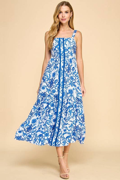 Floral Blue Back Bow Maxi Dress