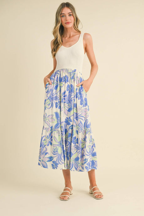 Sunny Floral Mixed Media Midi Dress