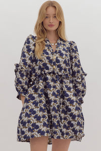 Golden Button Navy Floral Dress