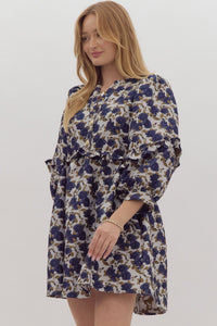 Golden Button Navy Floral Dress