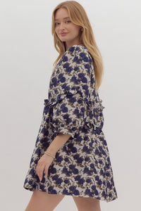 Golden Button Navy Floral Dress