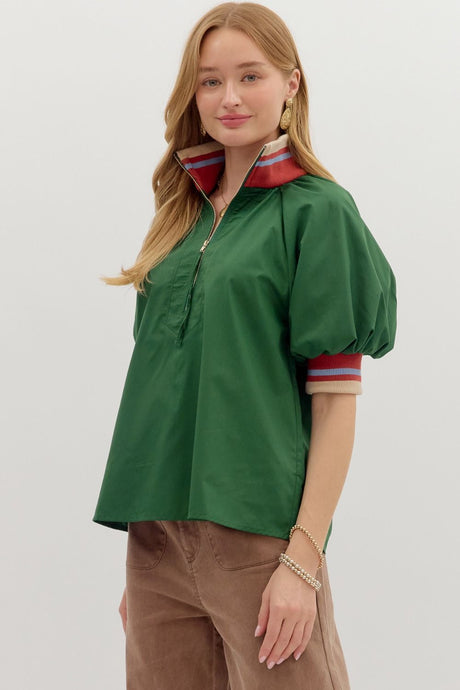 Green Stripe Half Zip Top