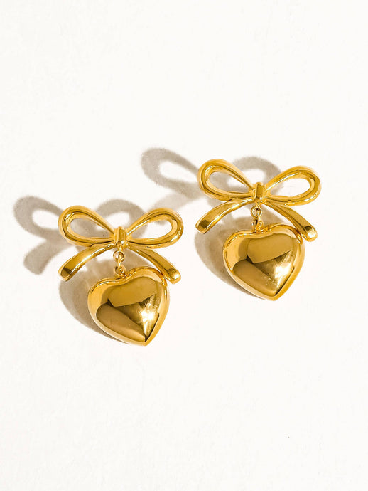 Melody 18K Non-Tarnish Dainty Bow Heart Earring: Yellow Gold