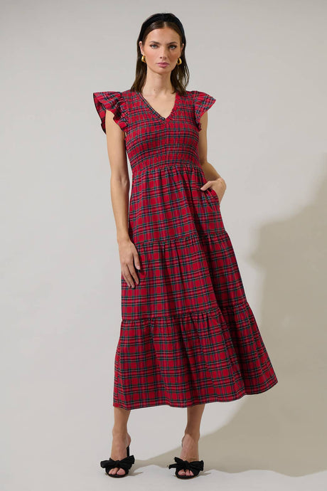 Arvada Red Plaid Smocked Midi Dress