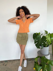 Tangerine Plisse Collar Top