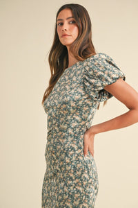 Elegant Velvet Green Ditzy Floral Dress