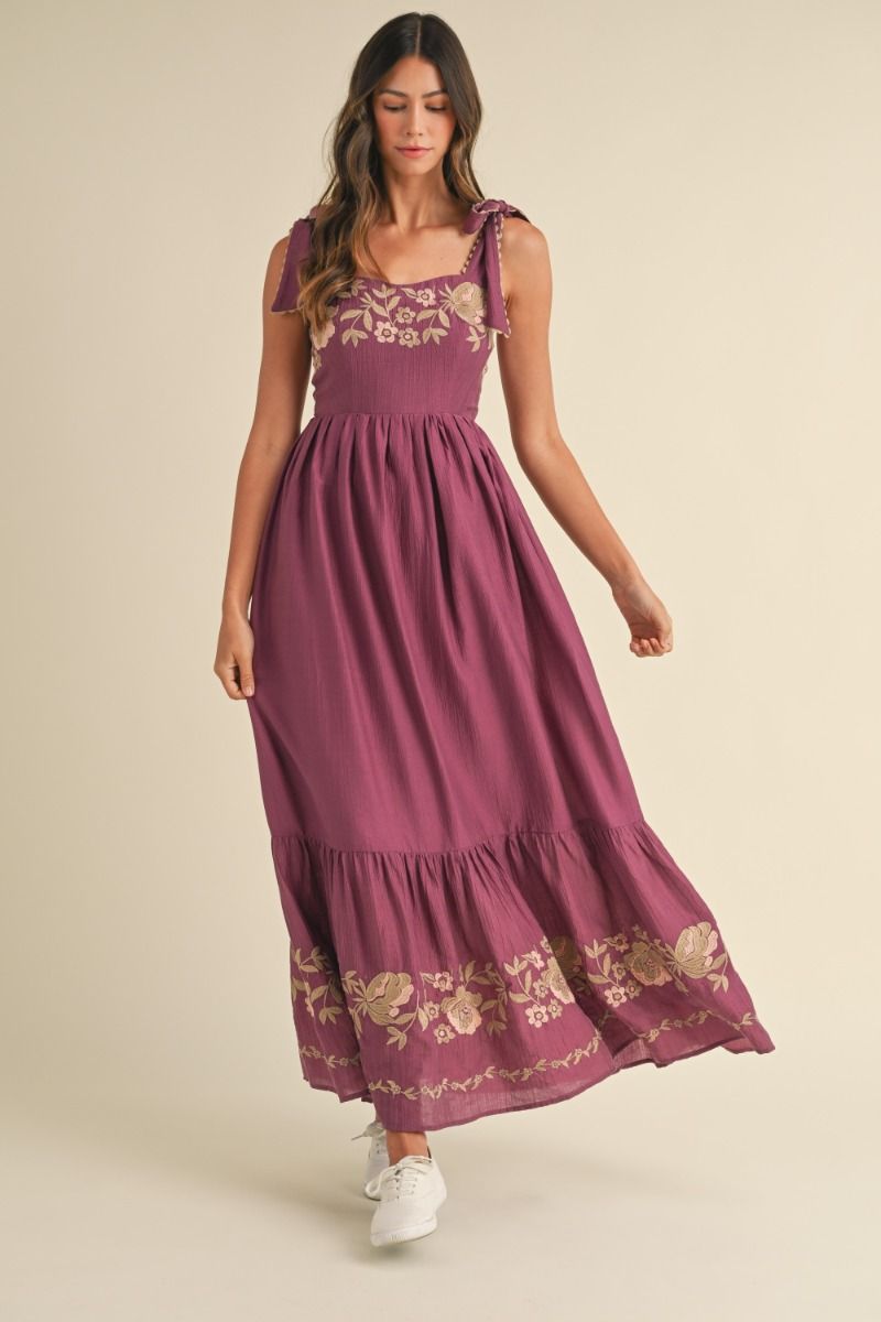 Boho Embroidered Plum Maxi Dress