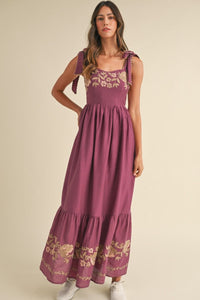 Boho Embroidered Plum Maxi Dress