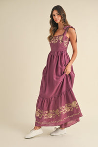 Boho Embroidered Plum Maxi Dress