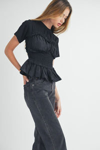 Black Fit and Flare Smocked Top