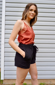 Tie Waist Linen Black Shorts
