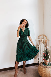Elsa Emerald Satin Midi Dress