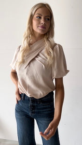 Sleek Neutral Cross Front Blouse